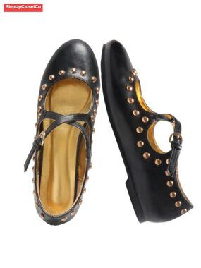 Studded Mary Jane Flats Round Toe Cross Strap Buckle Ballet Shoes Punk Rivet